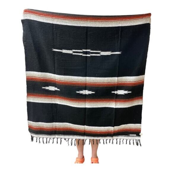 West Path Molina Indian Blanket Fringe Hand Woven Throw Picnic Yoga Black Orange - Picture 3 of 6